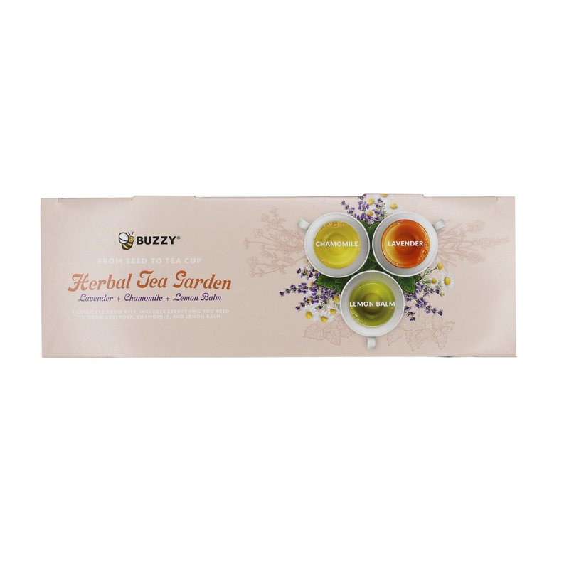 BUZZY Seeds Herbal Tea Garden Grow Kit – 3 Square Tin Planters with Lavender, Chamomile & Lemon Balm Seeds, Easy Indoor Herb Starter, Relaxing Gardening Gift Set
