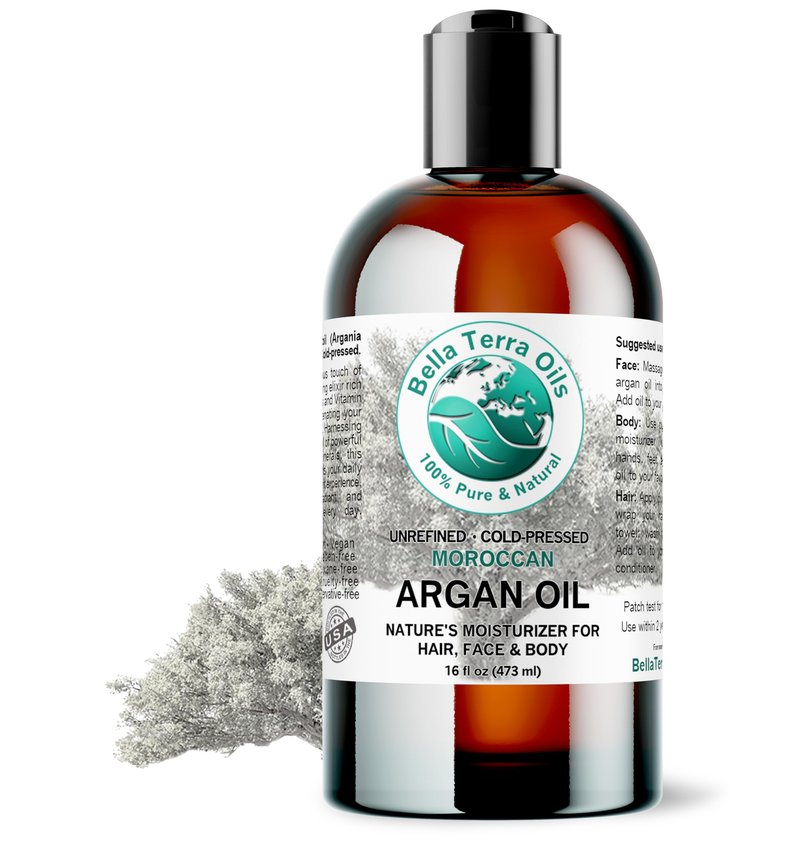 Bella Terra Oils - Argan Oil 16 oz - Cold-Pressed & Authentic, Hailing from Morocco's Argan Forests, Ideal Body & Face Oil, Keeps Frizz at Bay