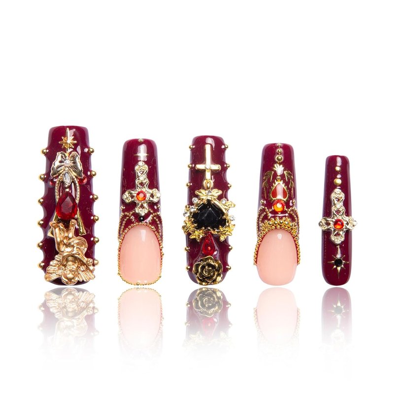Gothic Romance Press-On Nails - Handmade Full-Cover Crystal Design | Reusable Square Mid-Length 1.7in | H333-M