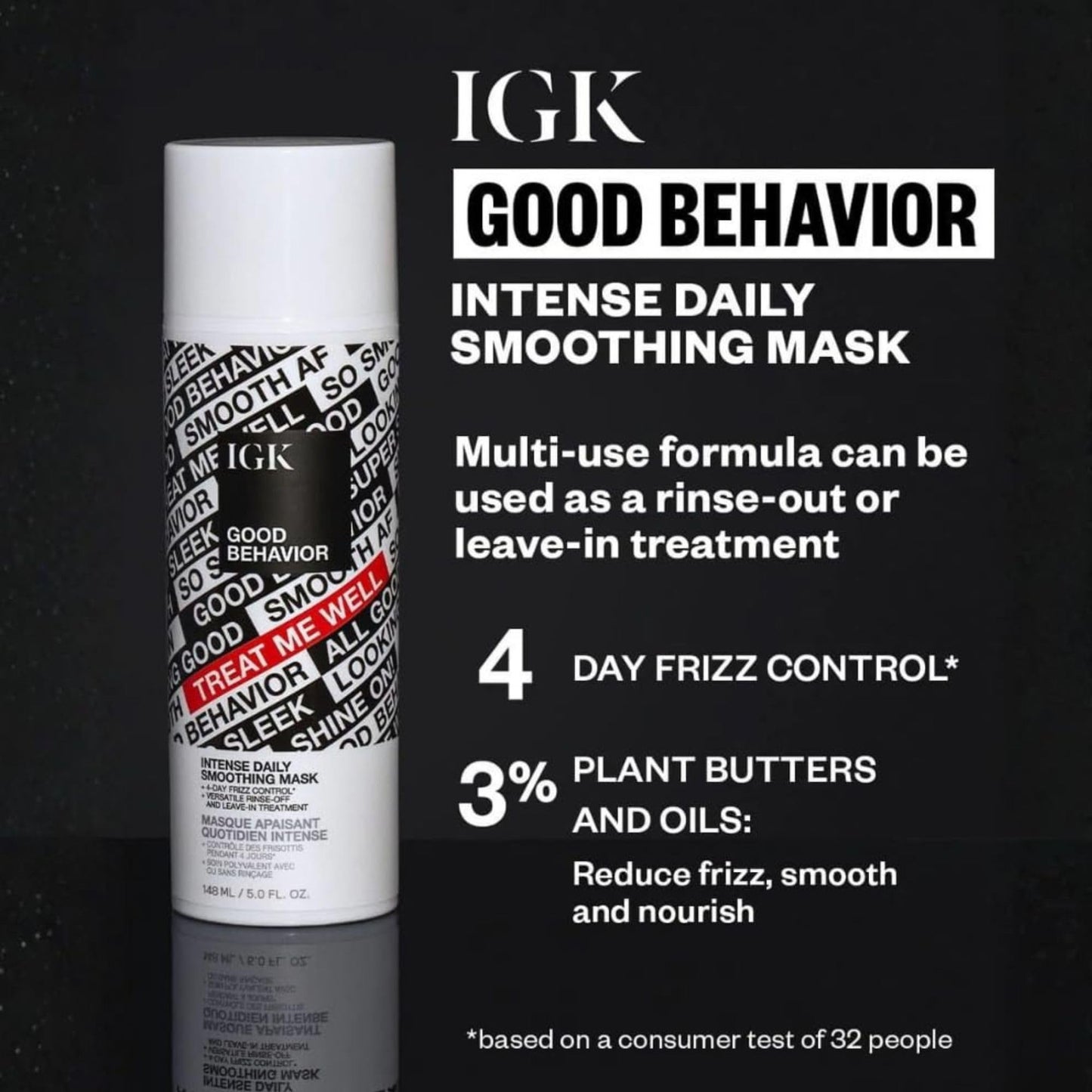 IGK GOOD BEHAVIOR Intense Daily Smoothing Mask | Smooths Frizz, Detangles and Softens Hair | Rinse-Out or Leave-In Treatment for Medium to Thick Frizz-Prone Hair | 5 Oz