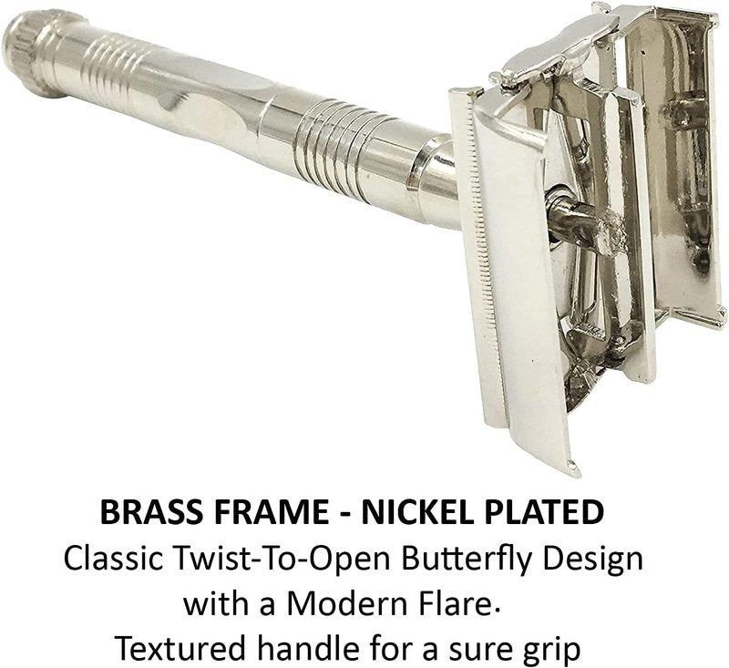 Parker Safety Razor - Nickel Plated Long Handle Butterfly Design | Includes 5 Premium Blades