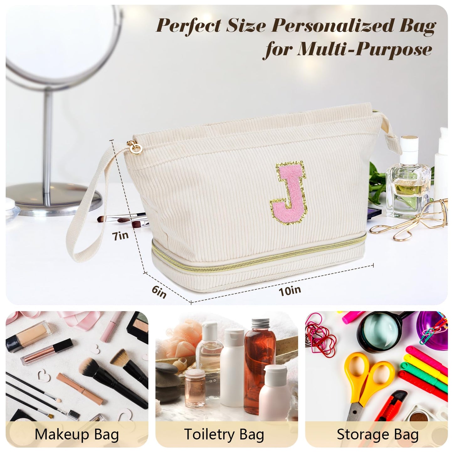 Makeup Bag for Girls Gift, Personalized Valentines Day Gifts Initial Women Makeup Bag for Travel, Double Layer Cosmetic Bag with Brush Organizer Preppy Make up Bag for Teen Girl Trendy - M
