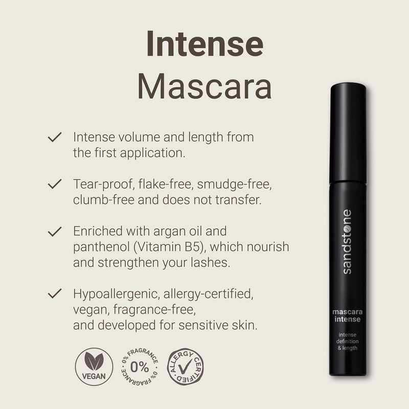 Sandstone Scandinavia Hypoallergenic Mascara for Sensitive Eyes – Smudge-Proof & Sweatproof Lengthening Mascara with Lash Separation – Vegan, Fragrance-Free & Allergy Certified – Black