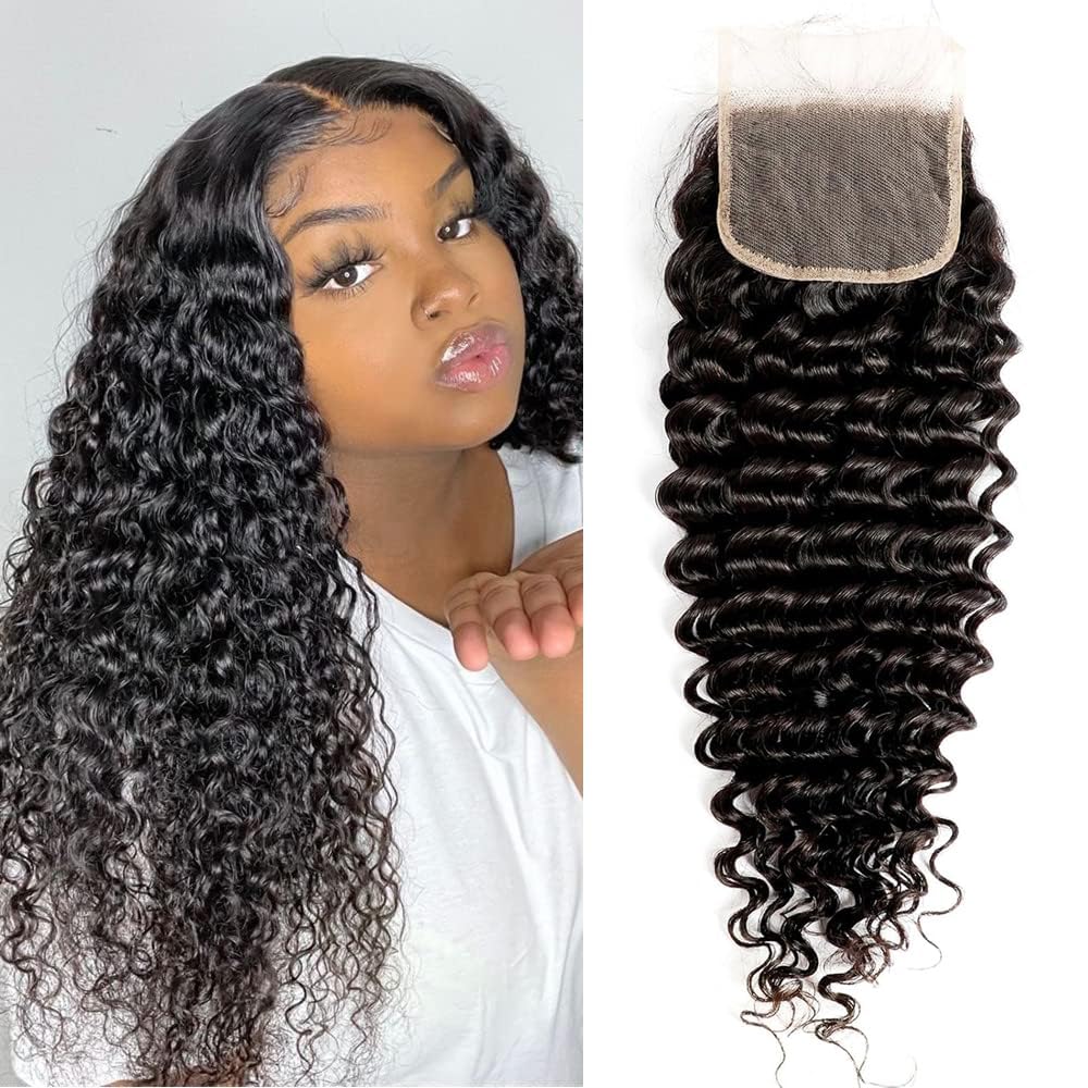 Transparent HD Lace Closure Deep Wave Invisible Ultra-thin 4x4 Closure Brazilian Raw Virgin Human Hair Natural Black (4x4 Lace Closure, 18 Inch)