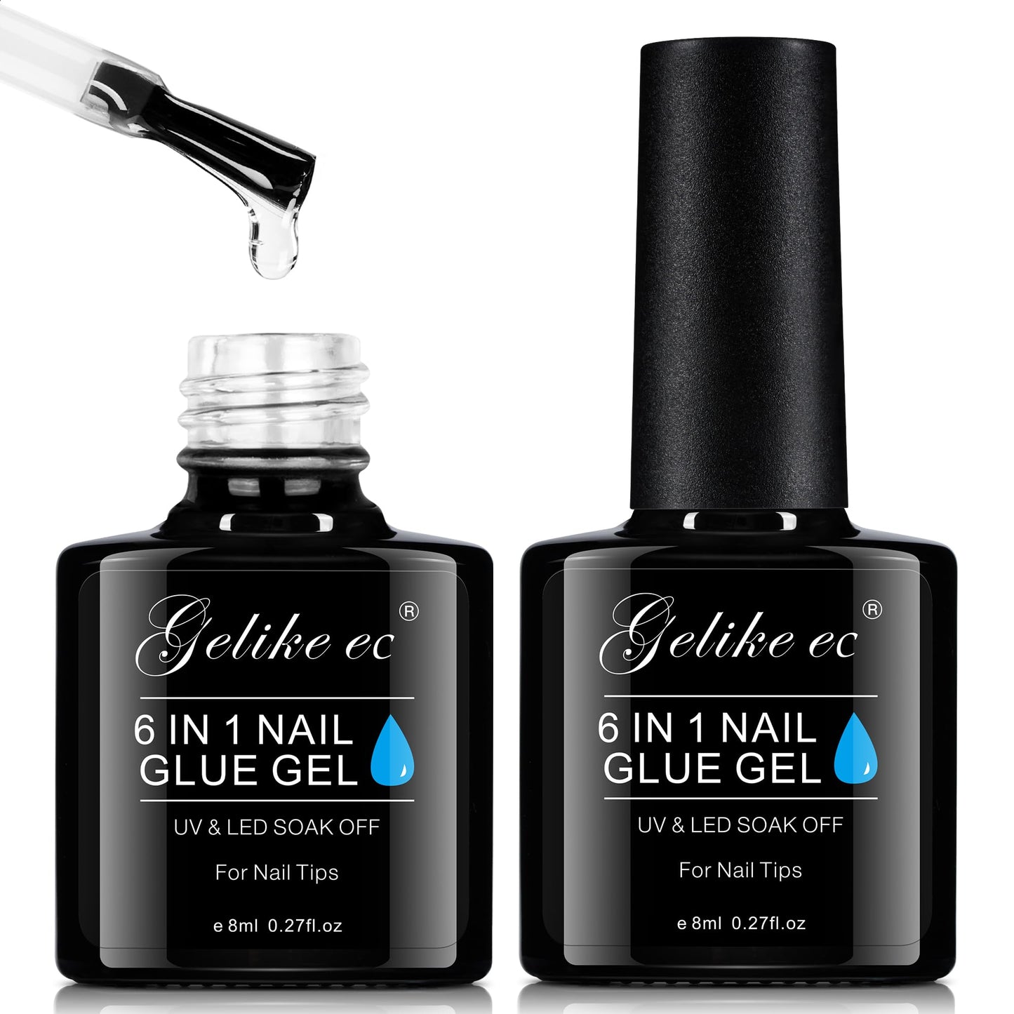 Gelike EC 6 in 1 Nail Glue Gel: 2 Pcs Gel Nail Polish for Press on Nails - Nail Glue Strong Easy and Long Last for False Acrylic Tip - Base Coat for Salon Home Polish
