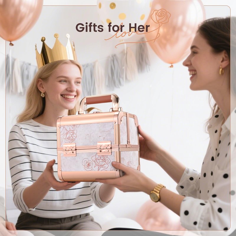 Costravio Makeup Case Train Case Portable Makeup Box with Mirror Lock Box Travel Cosmetic Train Cases Hard Make Up Organizer for Girls Nail Craft Storage Vanity Rose Gold Flower