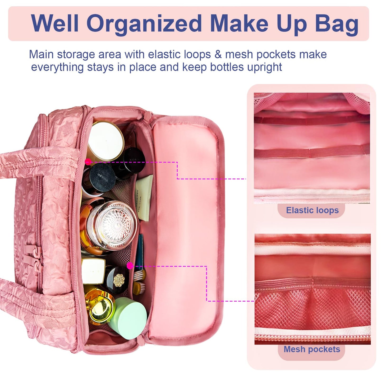 SMONT Toiletry Bag for Traveling Women, 11.5" Large Travel Makeup Toiletries Skincare Bag, Big Cosmetic Cosmetiquera Pink
