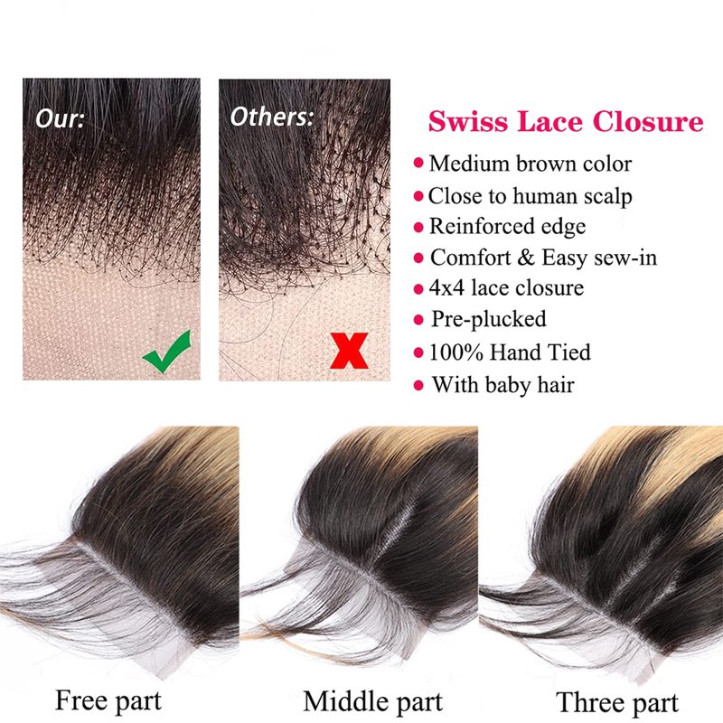 Body Wave 4x4 Closure - Pre Plucked Brazilian Human Hair Extensions | Ombre 20 Inch Curly Sew-In Weave