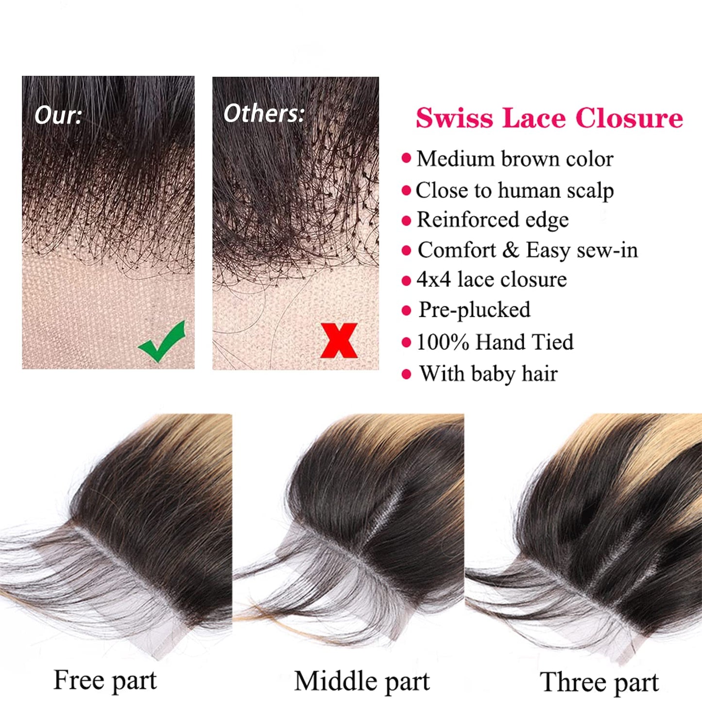 4x4 Lace Closure - 1B27 Ombre Body Wave Brazilian Human Hair Extensions | Pre-Plucked, Bleached Knots, 16 Inch