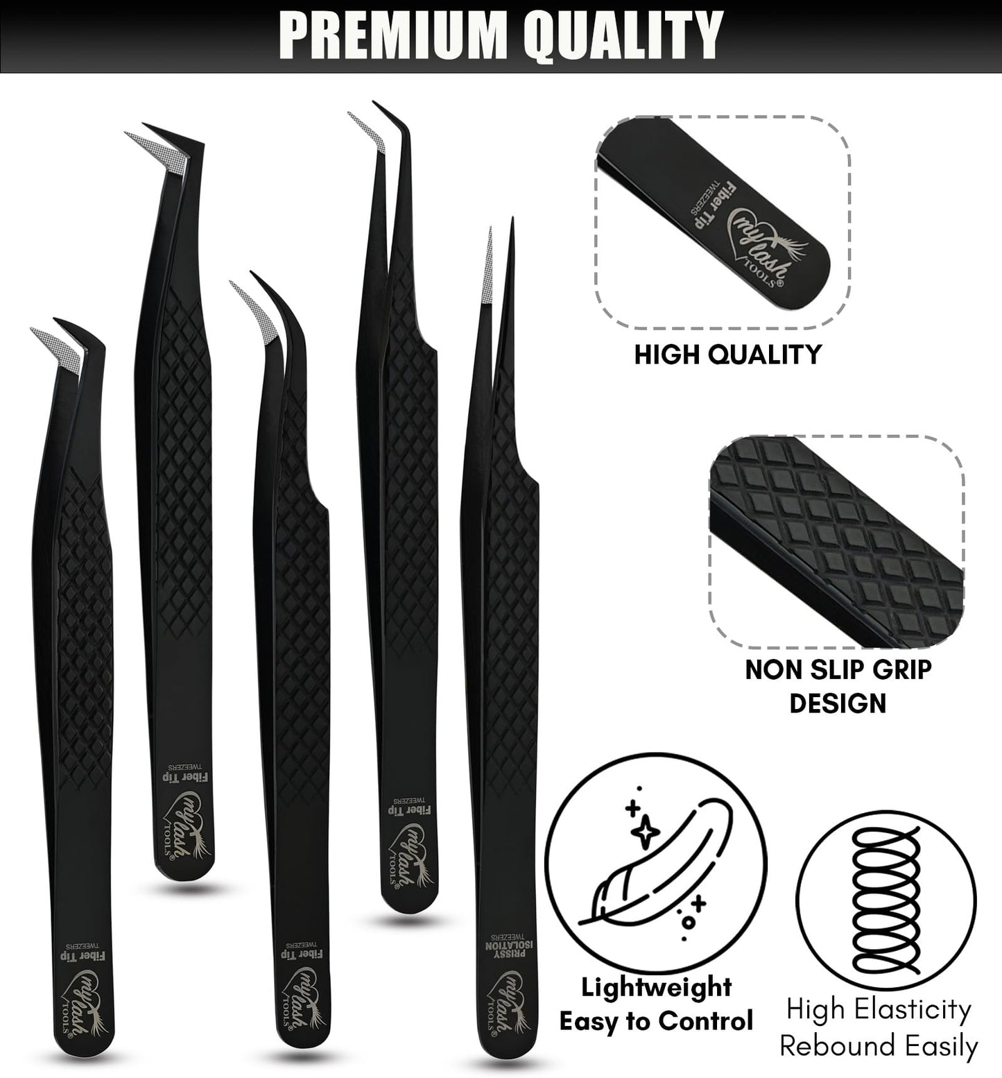 My Lash Tools Fiber Tip Lash Tweezers for Lash Extensions Precision Boot Volume Eyelash Extensions Tweezers Japanese Steel Curved Isolation Tweezer Set Fiber grip tweezers pinzas para (5pcs, Black)