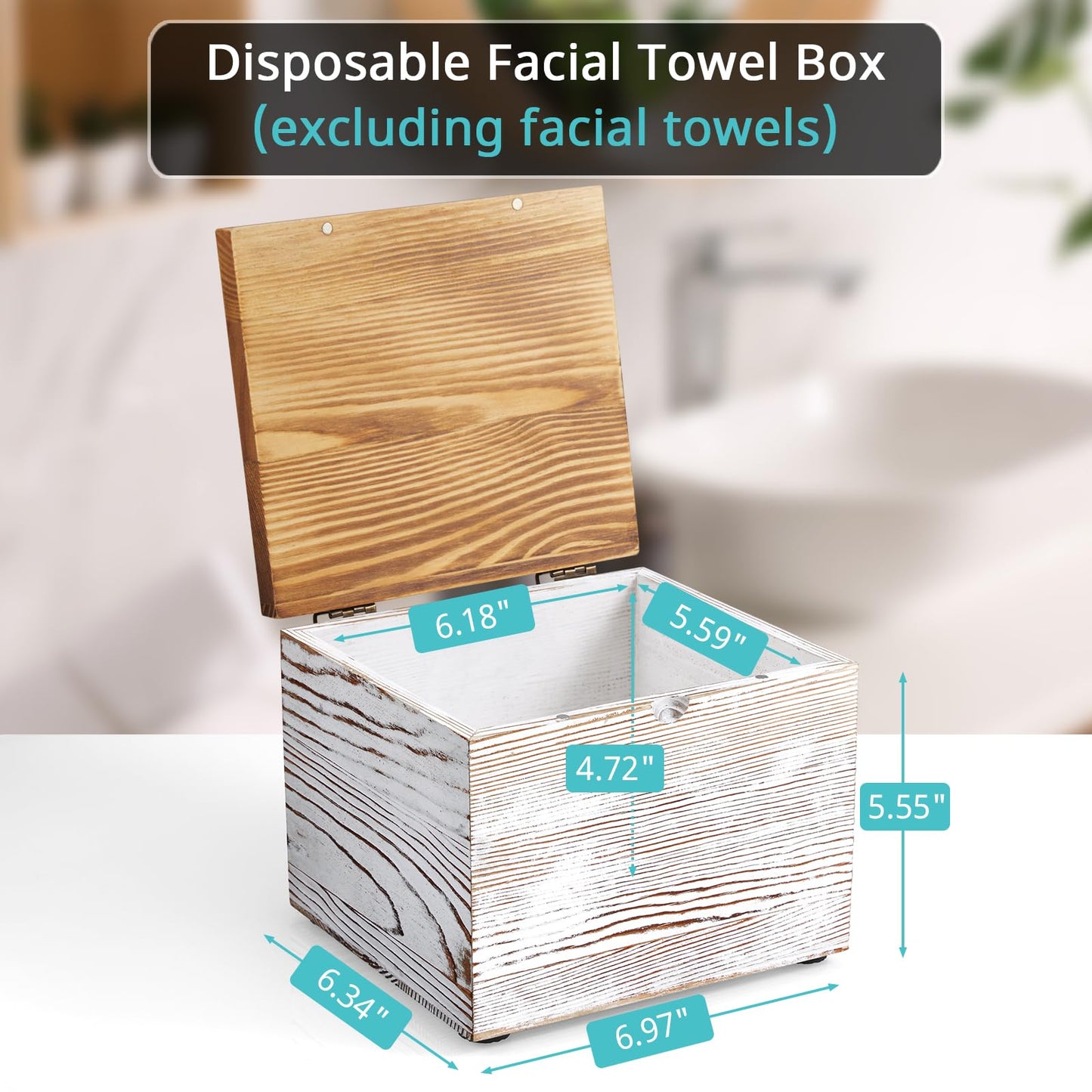 Bivvclaz Disposable Face Towel Holder, White Washed Wood Face Towel Container Compatible with Clean Towels XL, Face Towels Storage Box with Lid, Makeup Remover Organizer for Vanity, Bathroom