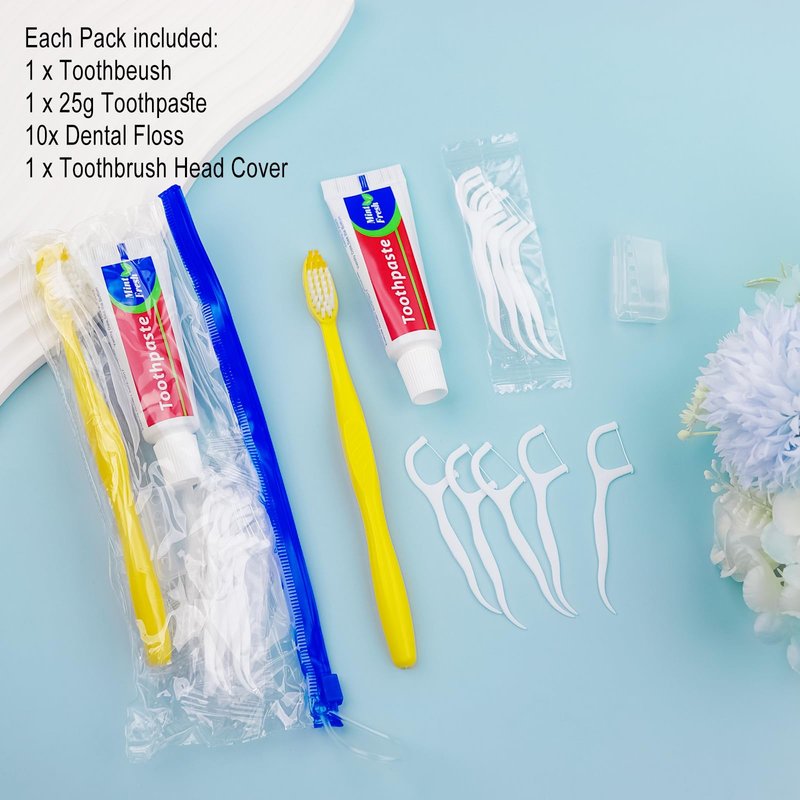 Xuezoioy 30 pcs Disposable Toothbrushes with Toothpaste and Floss Set,Yellow Individually Wrapped Bulk Single Use Toothbrush Floss Cover Travel Toothbrushes Kit with Zip Bag for Homeless,Hotel,Guest