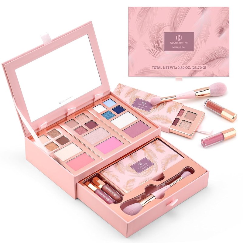 Small Makeup Palette Set - 12 Colors Eyeshadow, Blush, Highlighter & Lip Gloss | Travel-Friendly Gift Set for Women & Girls - Pink