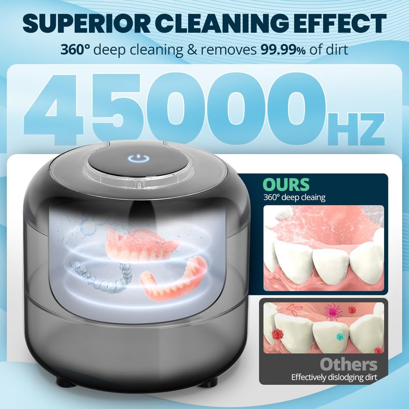 Ultrasonic Cleaner for Retainers & Dentures - Black 45kHz Deep Cleaning Technology, 2 Timer Modes (3/6 Min), Portable 180ML Stainless Steel Tank for Dental Care & Jewelry