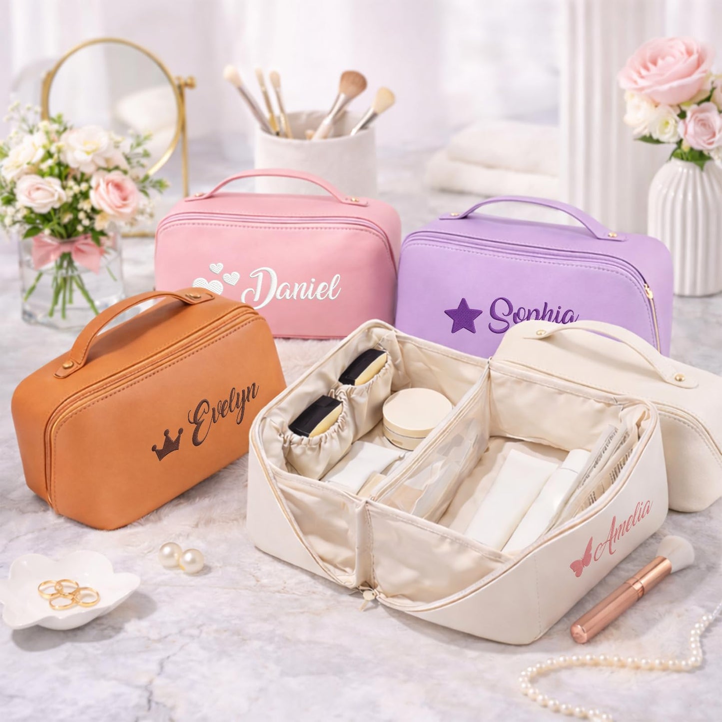Dyoart Custom Embroidered Name Travel Makeup Bag Gifts for Mothers Day Personalized Large Capacity Cosmetic Bags for Women Customized Toiletry Bag Christmas Birthday Gifts for Girlfriend Wife