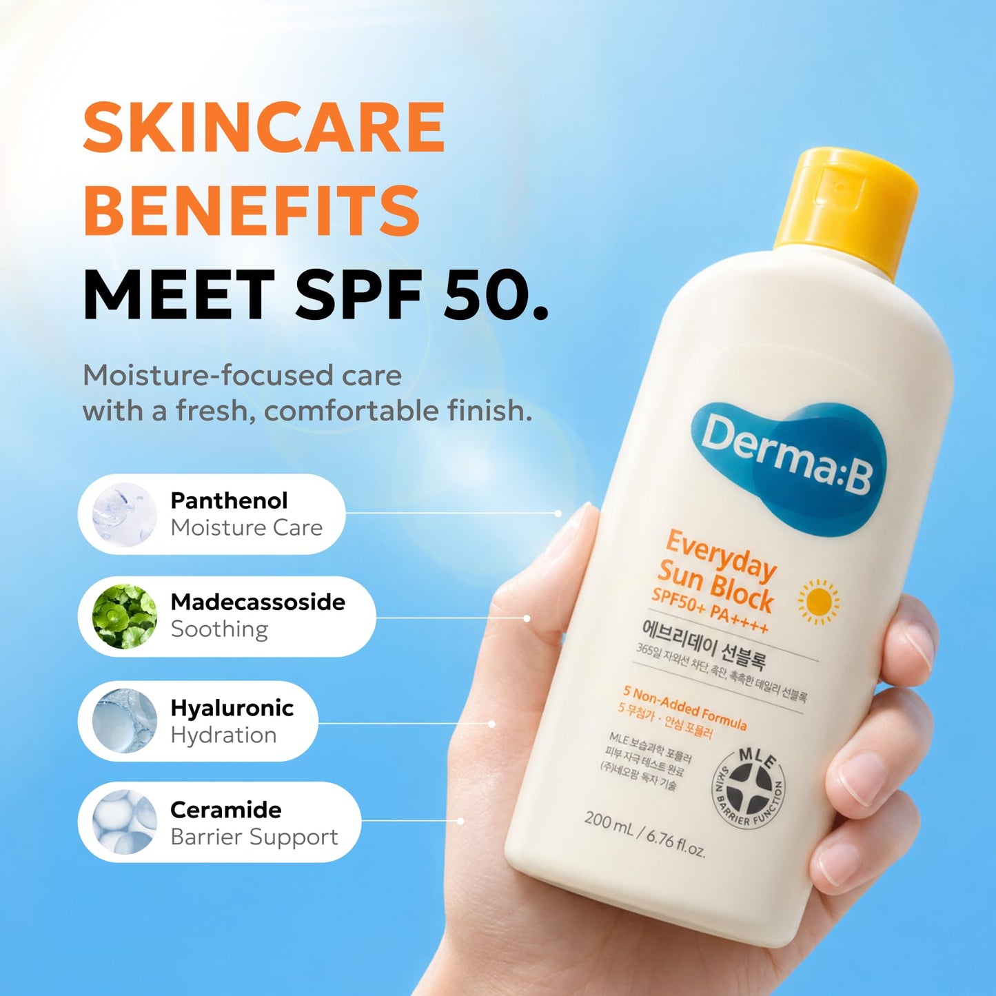 Derma B Everyday Sun Block Large Size Sunscreen SPF50+ PA++++ 6.71 Fl Oz, 200ml Fast-Absorbing Lightweight SPF Moisturizer, Facial Body Non-Sticky for Dewy Skin, Korean Protection Lotion