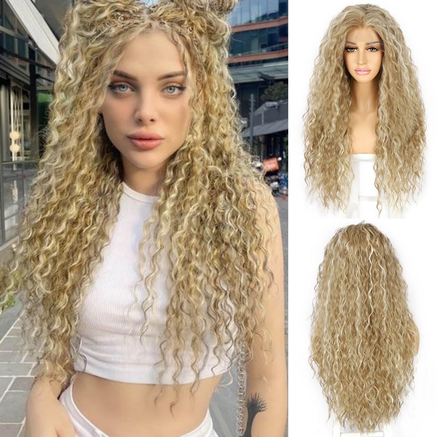 SAPPHIREWIGS Curly Lace Front Wigs Highlight Blonde Long Water Wave Synthetic Wig Pre-plucked Hairline Blonde for Black Women 26inch