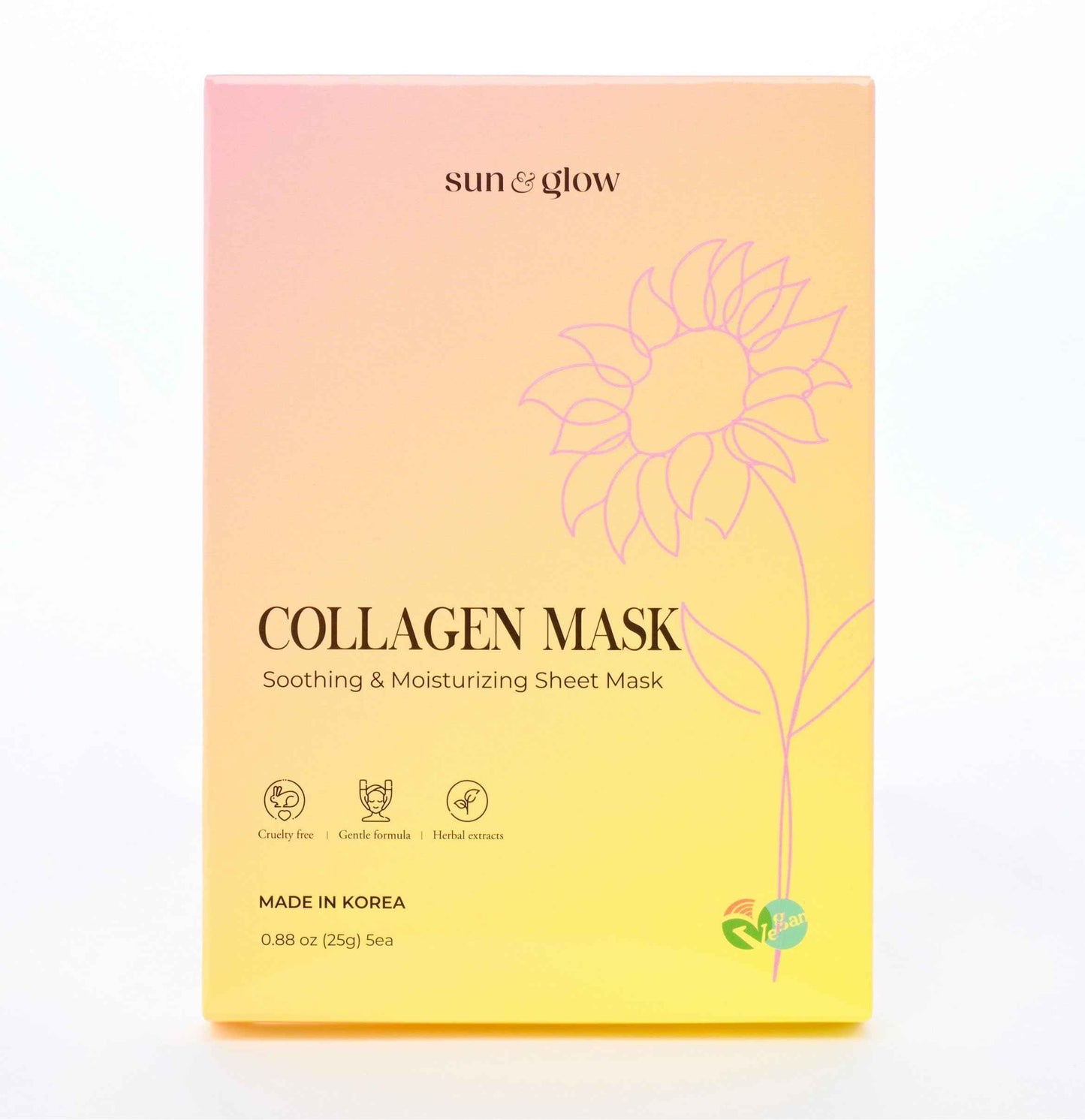 SUN & GLOW VEGAN COLLAGEN MASK Including Natural Elements Fermented 7-Layer Hyaluronic Acid Complex Soothing and Moisturizing Skin Korean Home Skincare Mask (0.88oz 25g 5Packs)