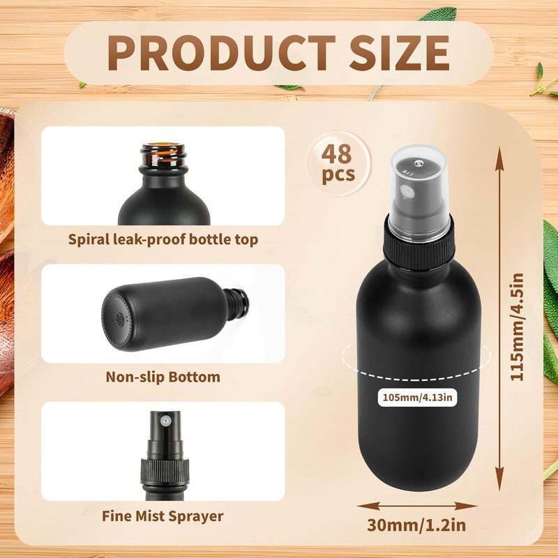 Billionstars 48 Pack 2oz Glass Boston Round Bottles - Fine Mist Sprayer for Essential Oils & Beauty | Leakproof Black Frosted