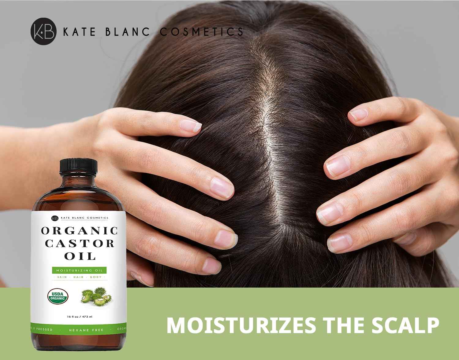 Kate Blanc Cosmetics Castor Oil for Face, Hair & Skin (16oz, Organic, Cold Pressed, Hexane-Free) Moisturizer for Eyelashes, Eyebrows, and Scalp