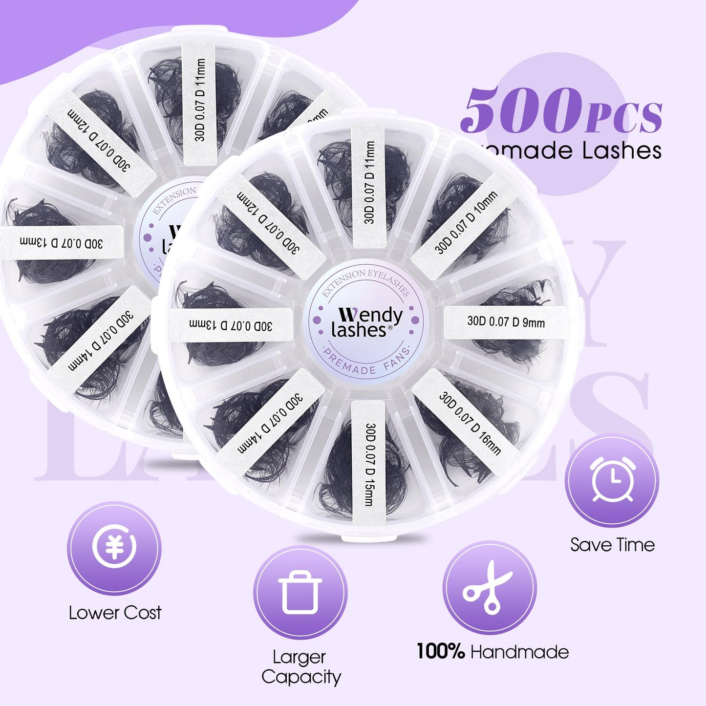 Wendy Lashes Premade Fans, 500PCS Professional Volume Eyelash Extensions,9-16mm Mixed Lengths, D Curl, Black Matte, Thin Base, Easy to Apply, Natural Soft Look