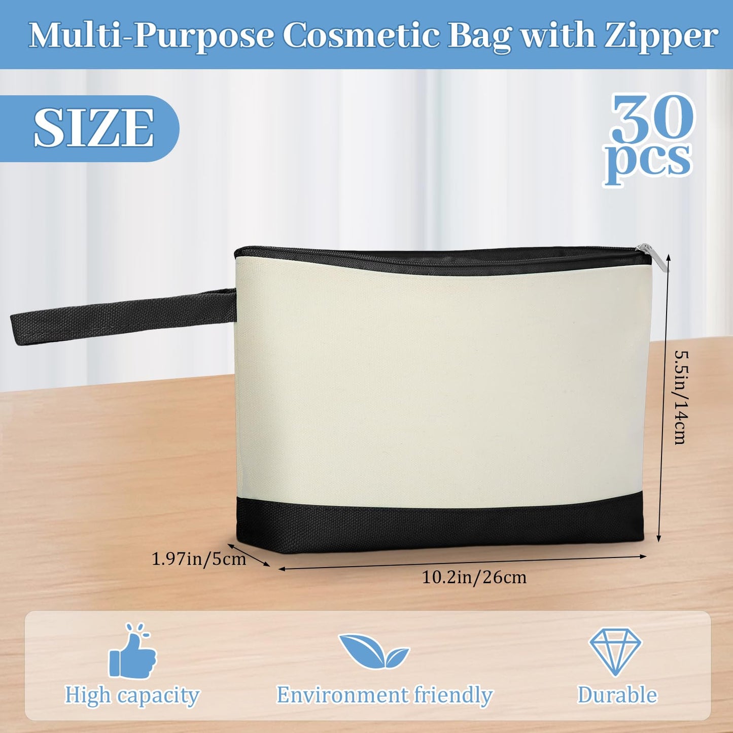 Silkfly 30 Pcs Cotton Canvas Makeup Bags Canvas Cosmetic Zipper Bags 10.2 x 5.5 x 2'' Blank DIY Pouch Bulk with Bottom Pencil Case Travel Toiletry Pouch for Women Gift (Black,Beige)