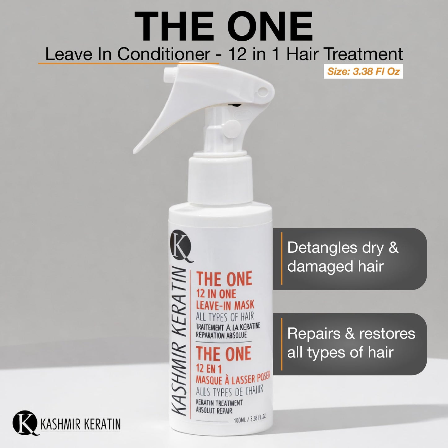 Kashmir Keratin THE ONE Leave In Conditioner 12-in-1 Hair Treatment Spray (3.38 Fl Oz) Detangles, Smooths Frizz,Adds Shine & Hydration for Dry Damaged Hair, Lightweight Keratin Care for All Hair Types