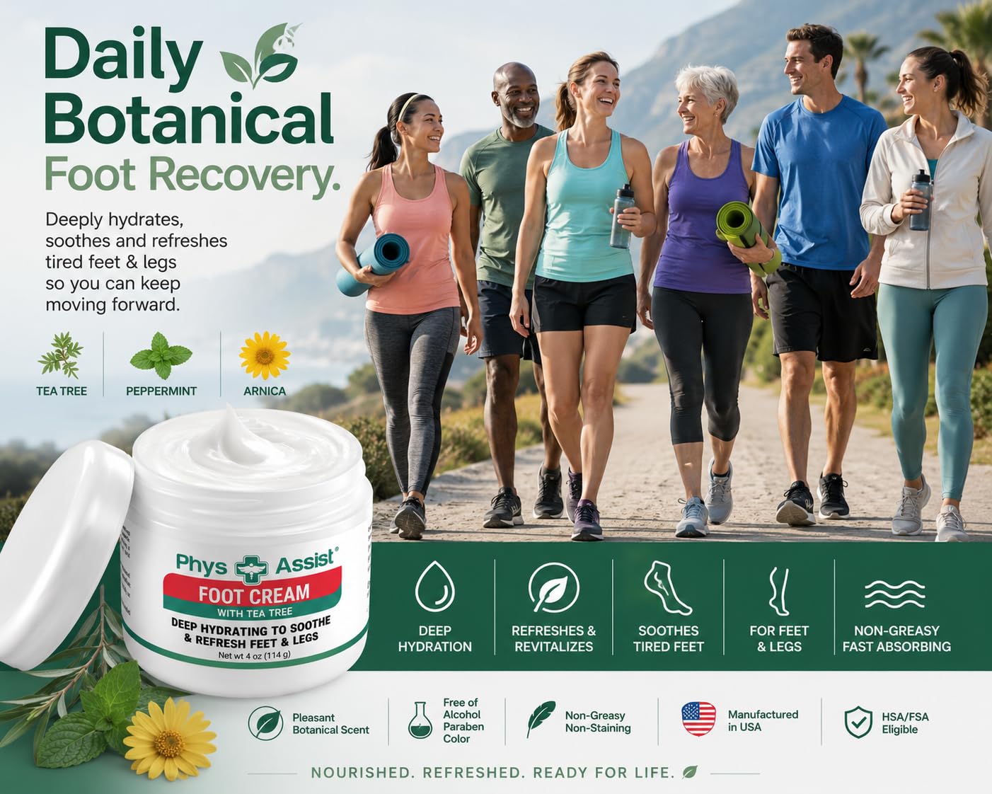 PhysAssist Foot Cream with Tea Tree – Deep Hydrating Foot & Leg Cream for Dry, Tired & Sensitive Skin – Refreshing Moisture Support with Peppermint, Menthol & Vitamin E – 4 oz Jar