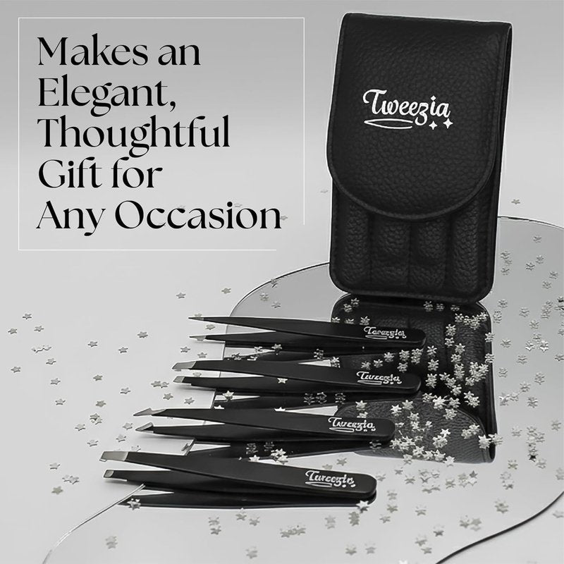 Stainless Steel Tweezer Set - 4 Precision Tweezers with Mirror & Leather Case | Ideal for Eyebrows, Ingrown Hairs, Splinters