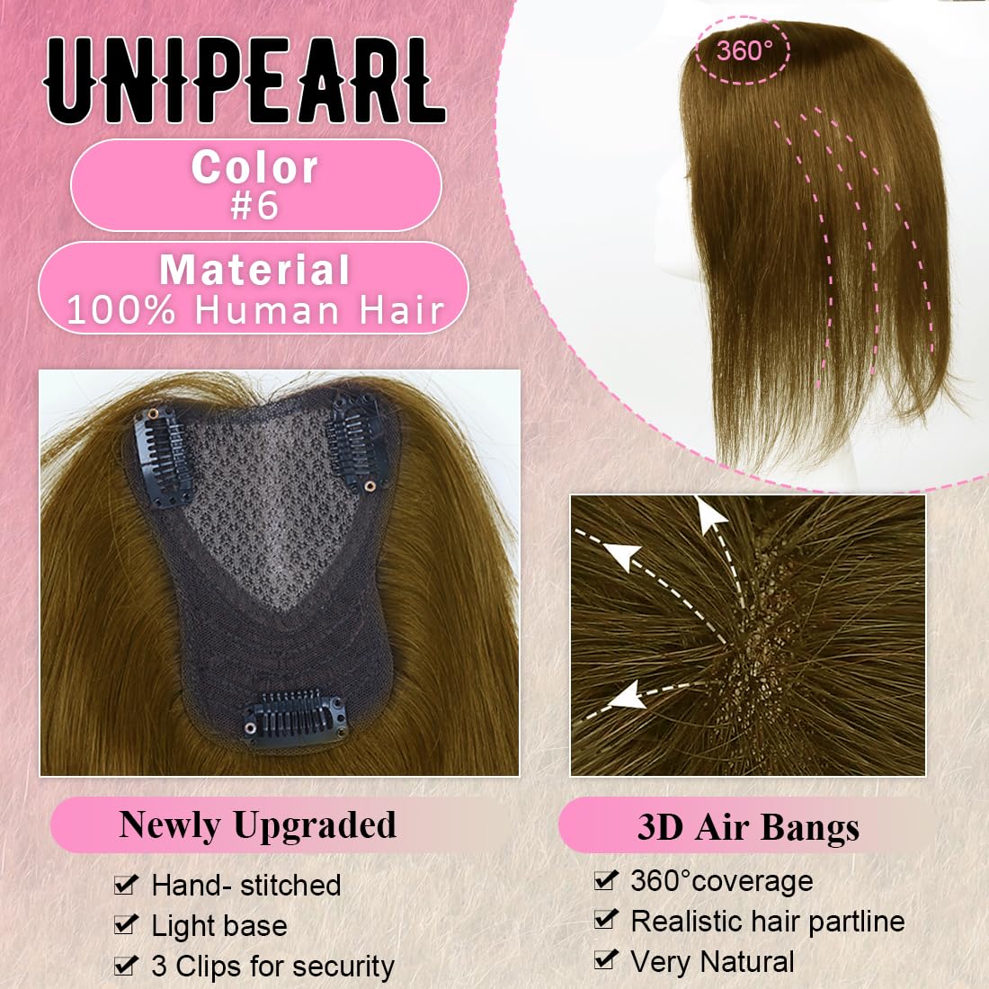 Unipearl Hair Toppers for Women Real Human Hair 12 Inch 360° Cover Remy Human Hair Topper for Women with Thinning Realistic Scalp Clip in Pieces Straight Hair (Light Brown #6, Side Bangs)