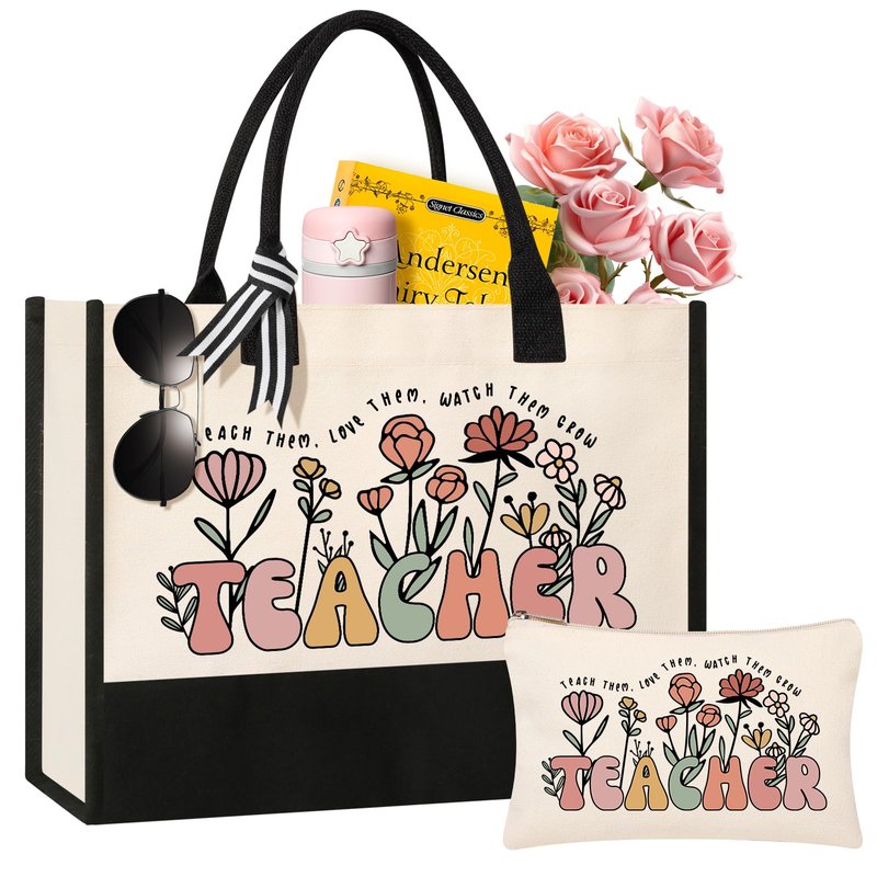Tecanne Teacher Appreciation Gifts for Women, Canvas Tote Bag and Makeup Bag Set for Women (4 Sets)