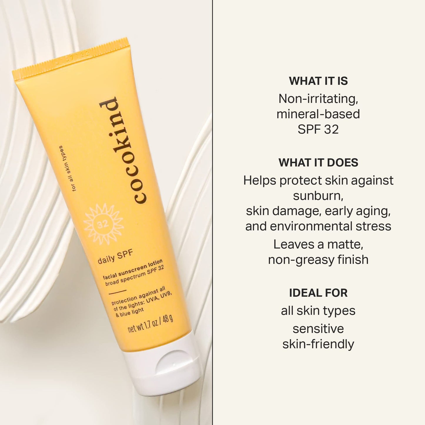 Cocokind Daily SPF, Mineral Face Sunscreen with Zinc Oxide, SPF 32, Reef Safe, Unscented, All Skin Types, Non-Toxic, Cruelty Free, 1.7 fl oz
