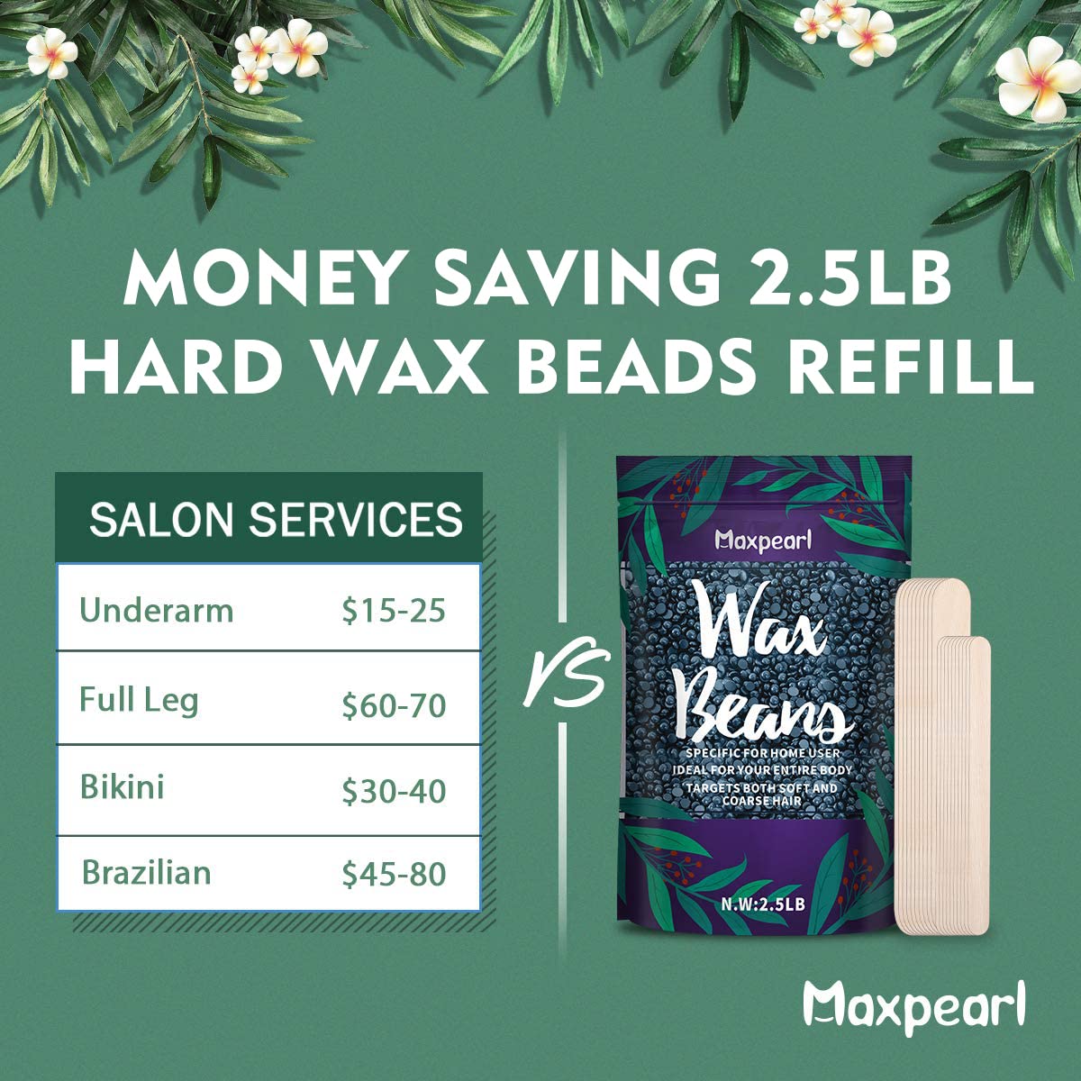 Maxpearl Wax Beads for Hair Removal, 2.5lb Hard Wax Beans Refill Bag for Brazilian Bikini, Face, Eyebrows, Underarms, Arms, Chest, Back, Legs, Coarse Body Hair Specific