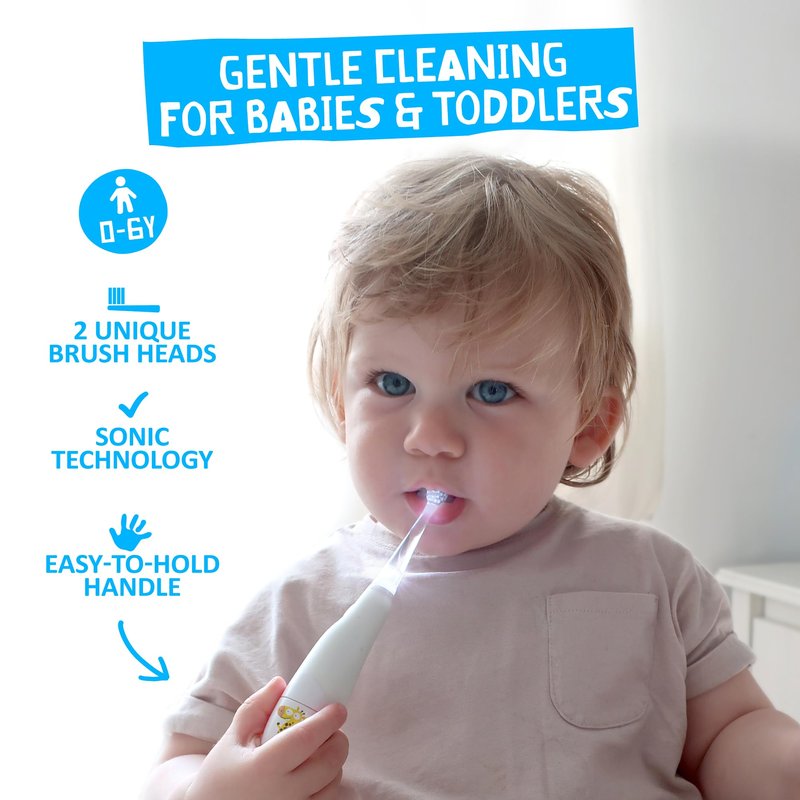 Jack N' Jill Tickle Tooth Sonic Toothbrush - Kids Electric Toothbrush, Gentle Teeth Cleaning, for Babies & Toddlers Ages 0-3, LED Inspection Light, Extra Soft Bristles - 1 Pack + Replacement Heads