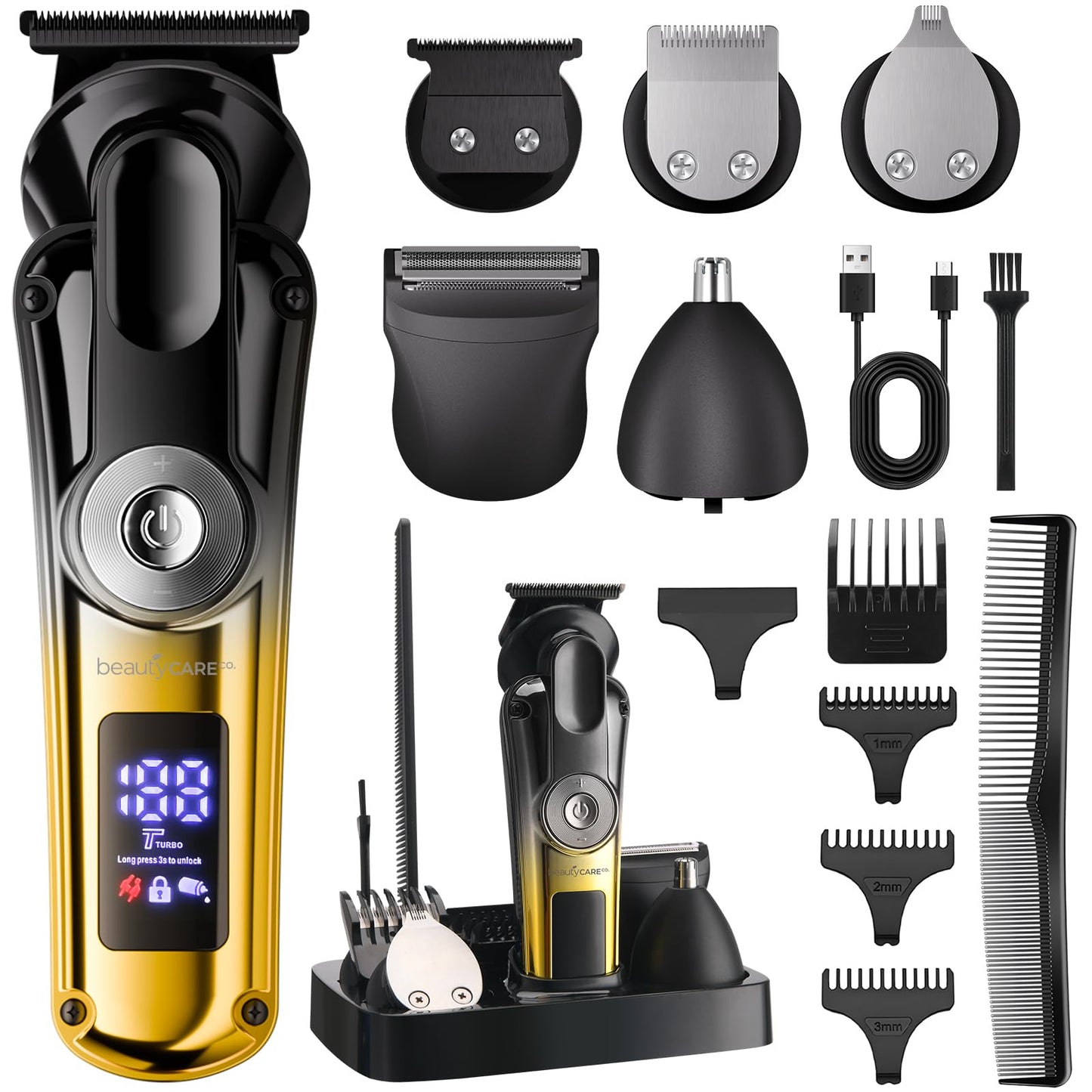 BEAUTYCARE Beard Trimmer for Men,Grooming Kit for Men, 5-in-1 Professional Hair Clippers & Beard Trimmer, Zero Gapped T-Blade, Waterproof & Cordless Rechargeable for Home Use