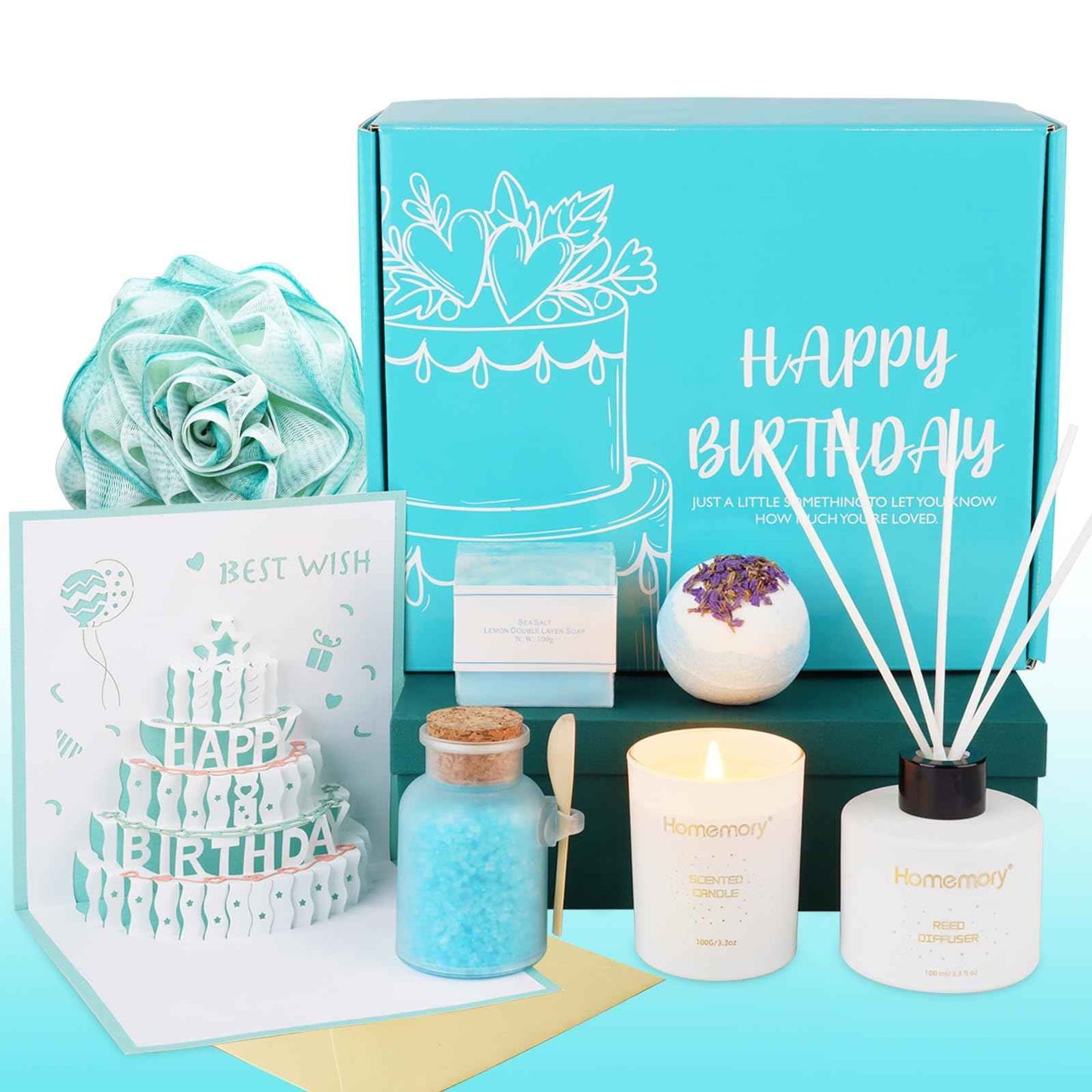 Homemory Gift Women Birthday Bath Sets Body Self Care, Best Spa Basket Christmas Scented Candle & Reed Diffuser Kit Mom Friends Sister With 3D Card (Blue)