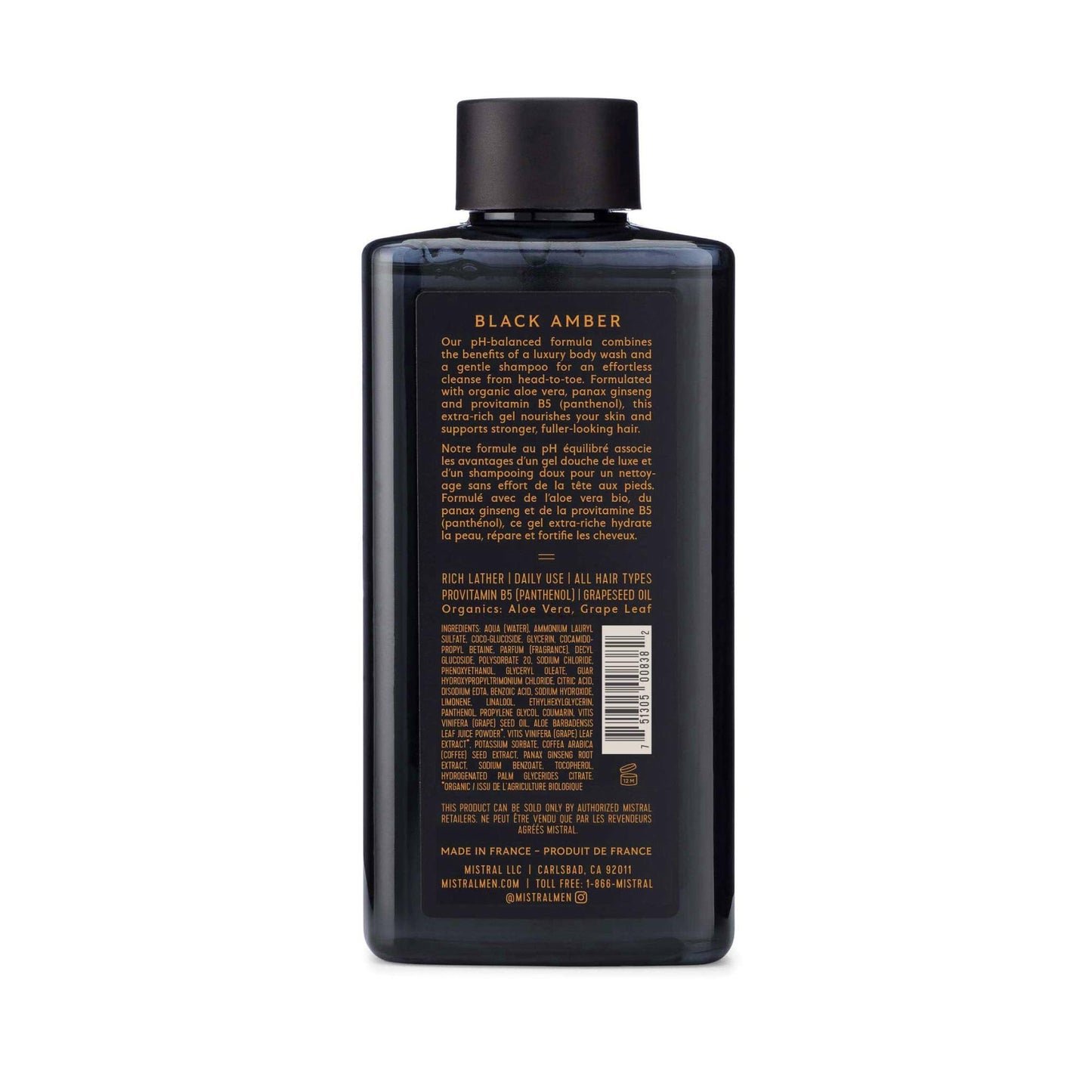 Mistral Black Amber Men's Body Wash & Shampoo for Men, 13.5 oz