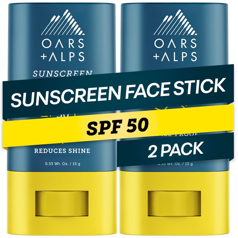 Oars + Alps Matte Face Sunscreen Stick, SPF 50 Travel Sunscreen Roll On for Face, Fragrance Free, Water & Sweat Resistant Sunblock, All Skin Types, Dermatologist Tested, Moisturizing, 0.53oz, 2pk