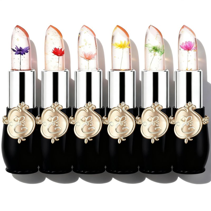Pack of 6 Crystal Flower Jelly Lipstick, Long Lasting Nutritious Lip Balm Lips Moisturizer Magic Temperature Color Change Lip Gloss, Mothers Day Gifts, Teacher Appreciation Gifts, Small Gifts (Black)