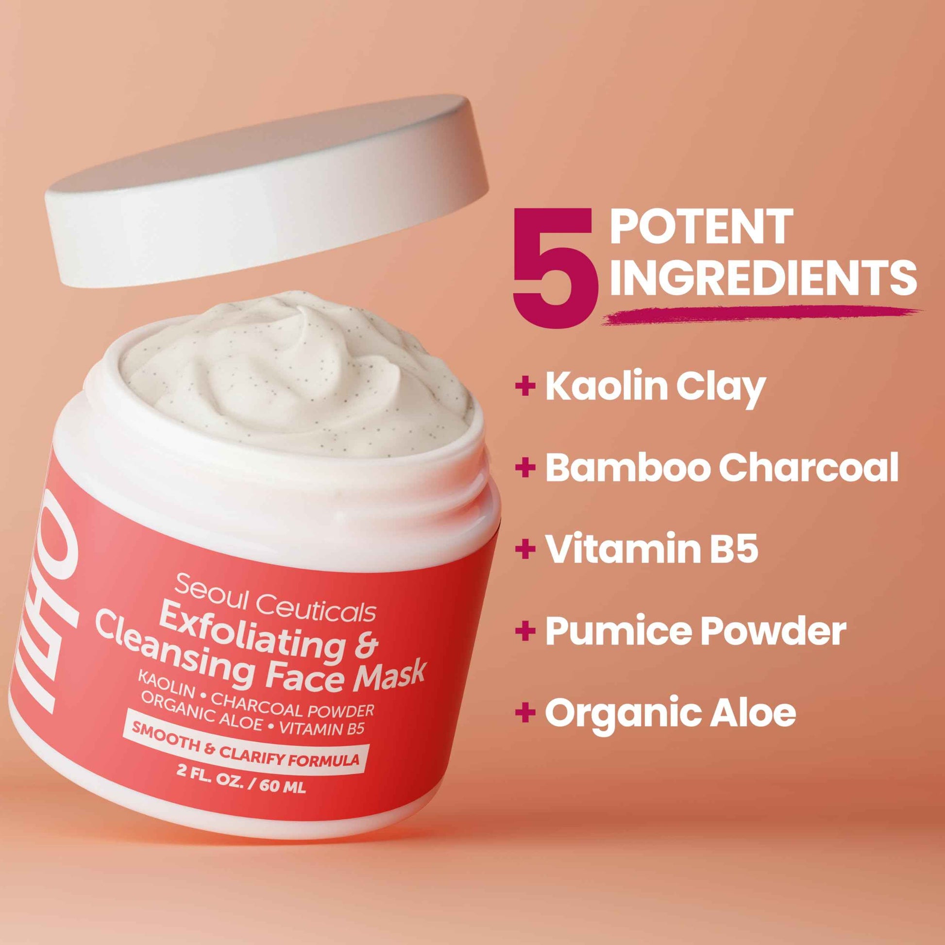 SeoulCeuticals Korean Face Scrub - Exfoliating Face Mask Skincare K Beauty Mask for Glass Skin - Kaolin Clay + Charcoal Cream Exfoliant Mask 2oz