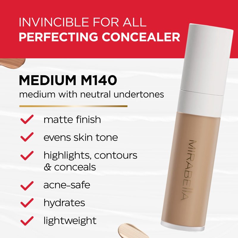 Mirabella Invincible For All Perfecting Under Eye Concealer Full Coverage - Hydrating Makeup Concealer for Dark Circles, Fine Lines & Wrinkles w/Hyaluronic Acid - Medium M140
