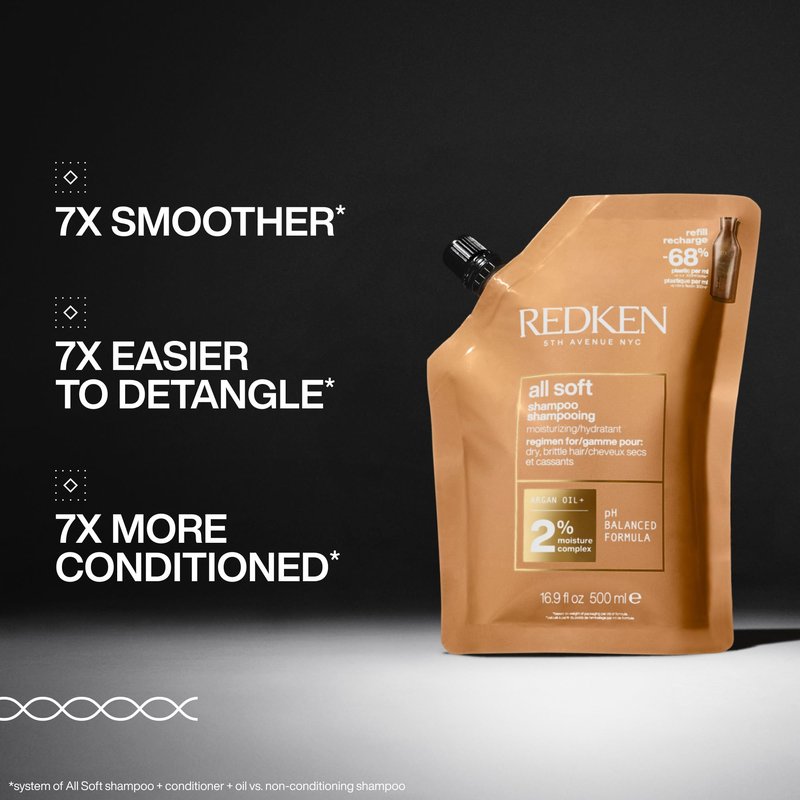 Redken All Soft Shampoo - Moisturizes & Hydrates Dry, Brittle Hair, Gently Cleanses and Softens, With Argan Oil, Safe For Color-Treated Hair, Refill