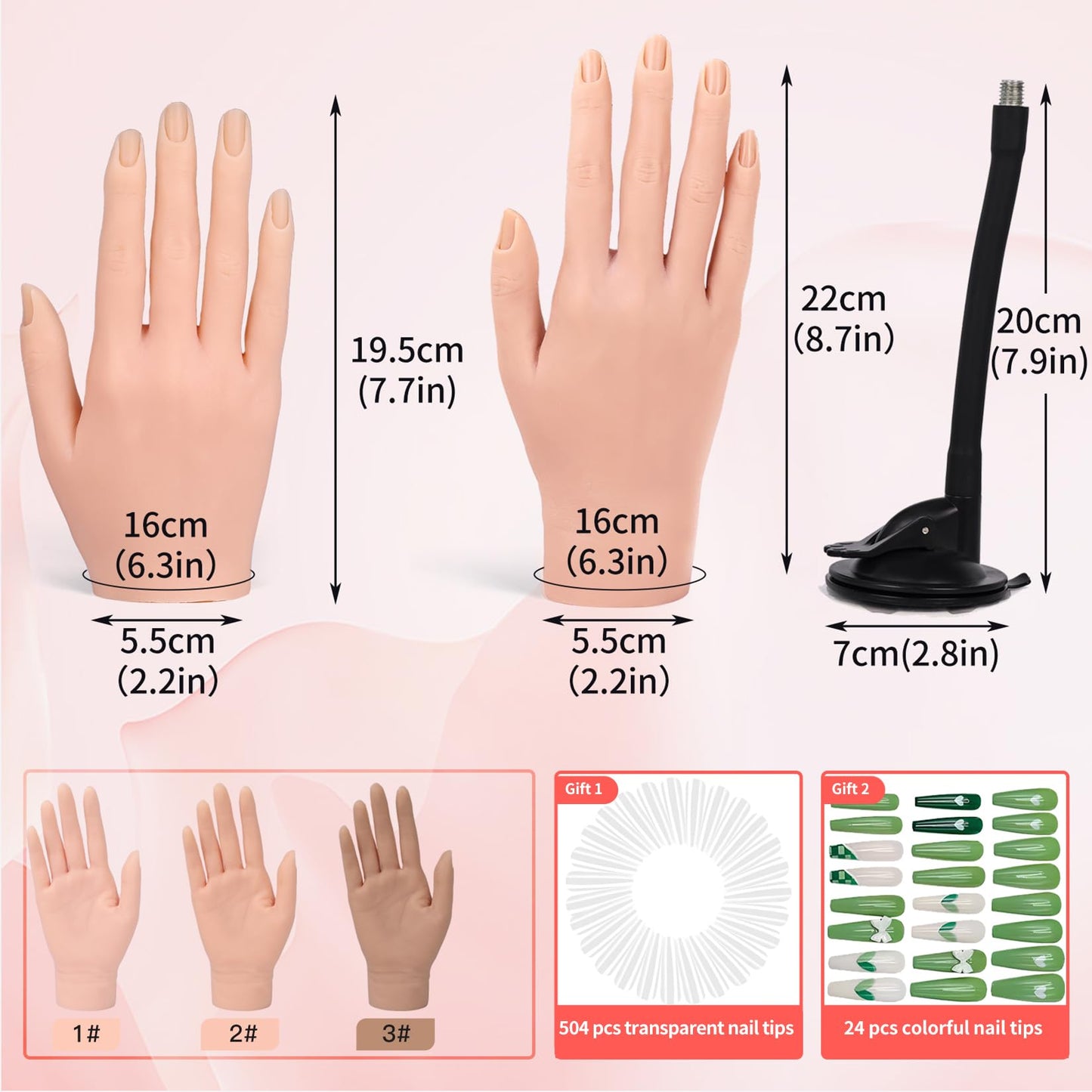 Vnmcry Practice Hand for Acrylic Nails Silicone Fake Hands Mannequin Flexible Bendable Manicure Nail Practice Hand with Stand and 528 Pcs Nail Tips