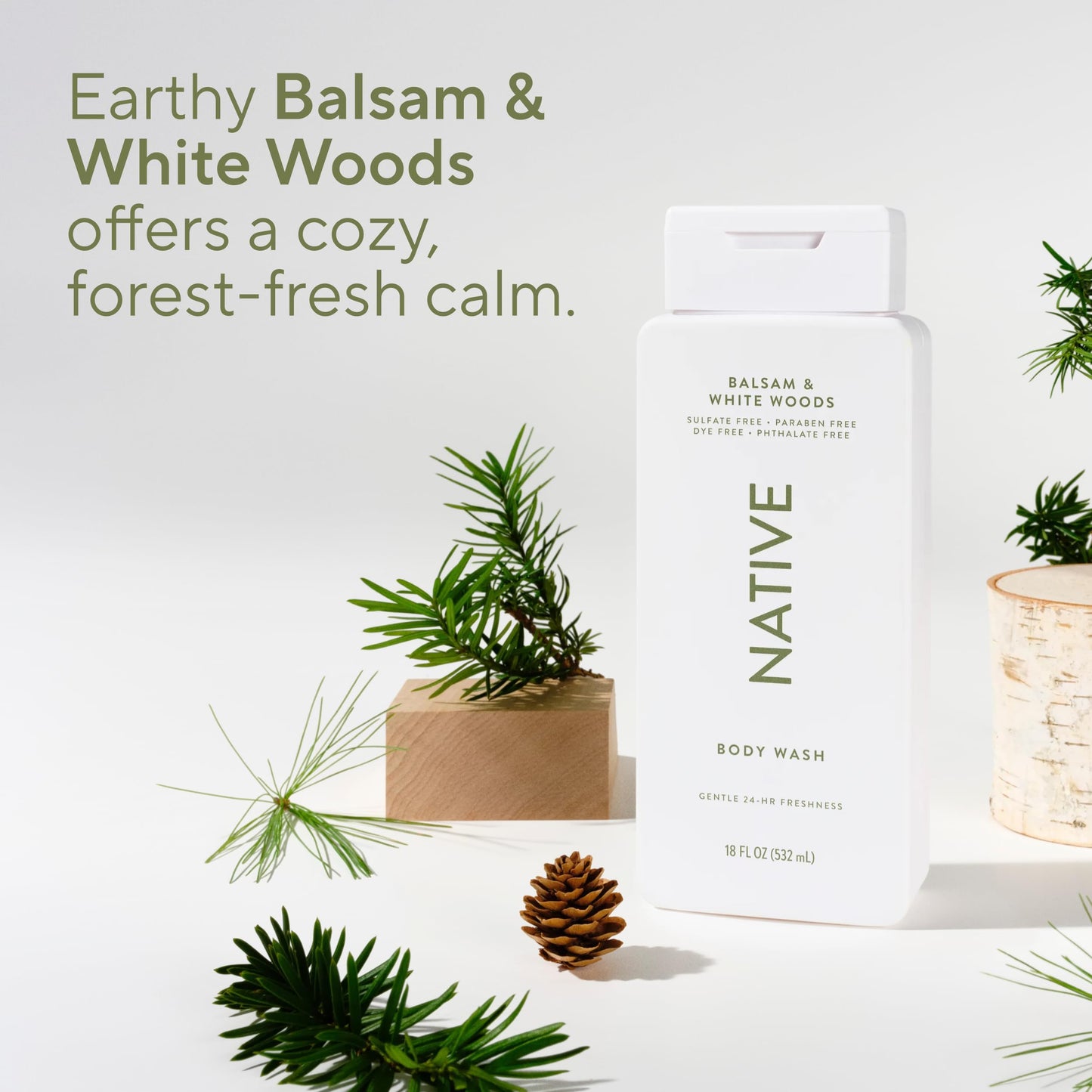 Native Balsam & White Woods Scent 24-Hr Refreshing Clean Body Wash for Men & Women, for All Skin Types Incl. Sensitive, Leaves Skin Feeling Clean & Soft, Free of Phthalates, Sulfates & Parabens, 18 oz