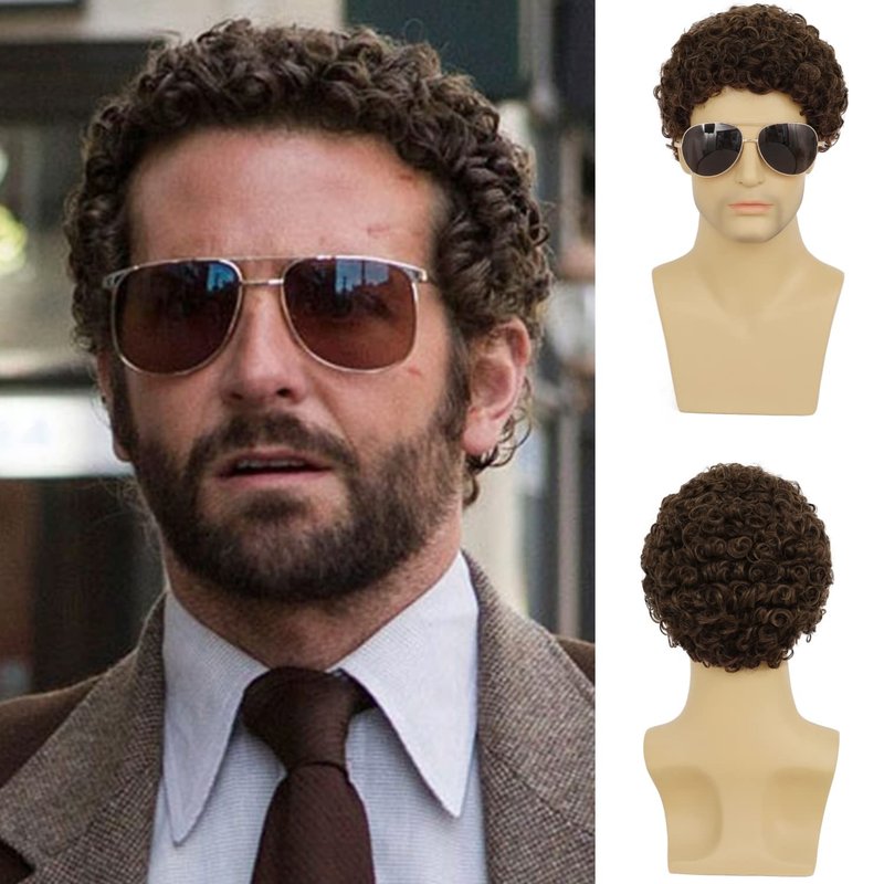 RicHyun Short Curly Brown Wig for Men Short Curly Afro Synthetic Natural Looking Daily Party Costume Halloween Wigs for Male Guys