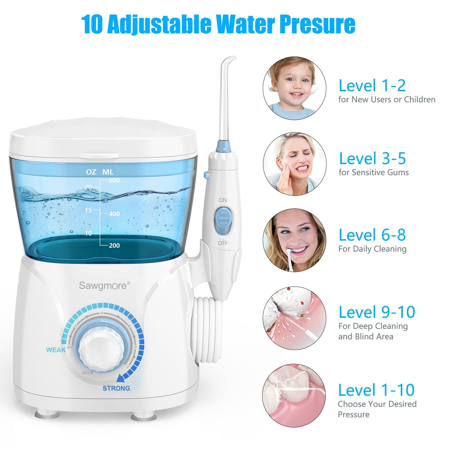 Sawgmore Water Flosser Oral Irrigator, 600 ml Large Capacity, 10 Adjustable Pressures, Electric Flosser for Teeth/Braces, 8 Home Nozzles Oral Irrigator(White)