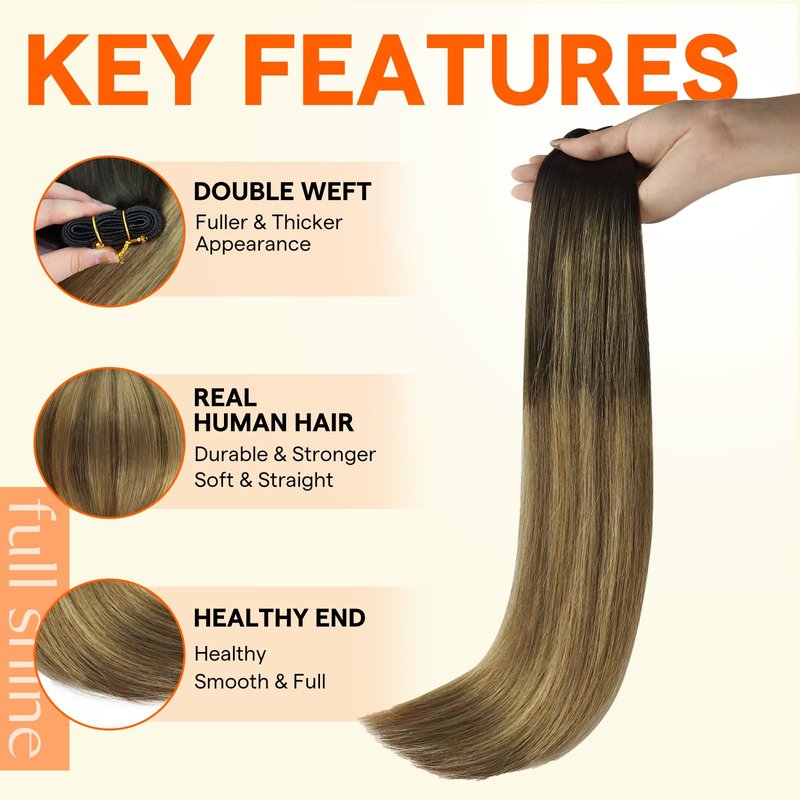 Full Shine Remy Human Hair Weft Sew In Extensions, 14 Inch 100G Dark Brown To Honey Blonde Balayage, Sew In Hair Extensions Real Human Hair For Daily Wear