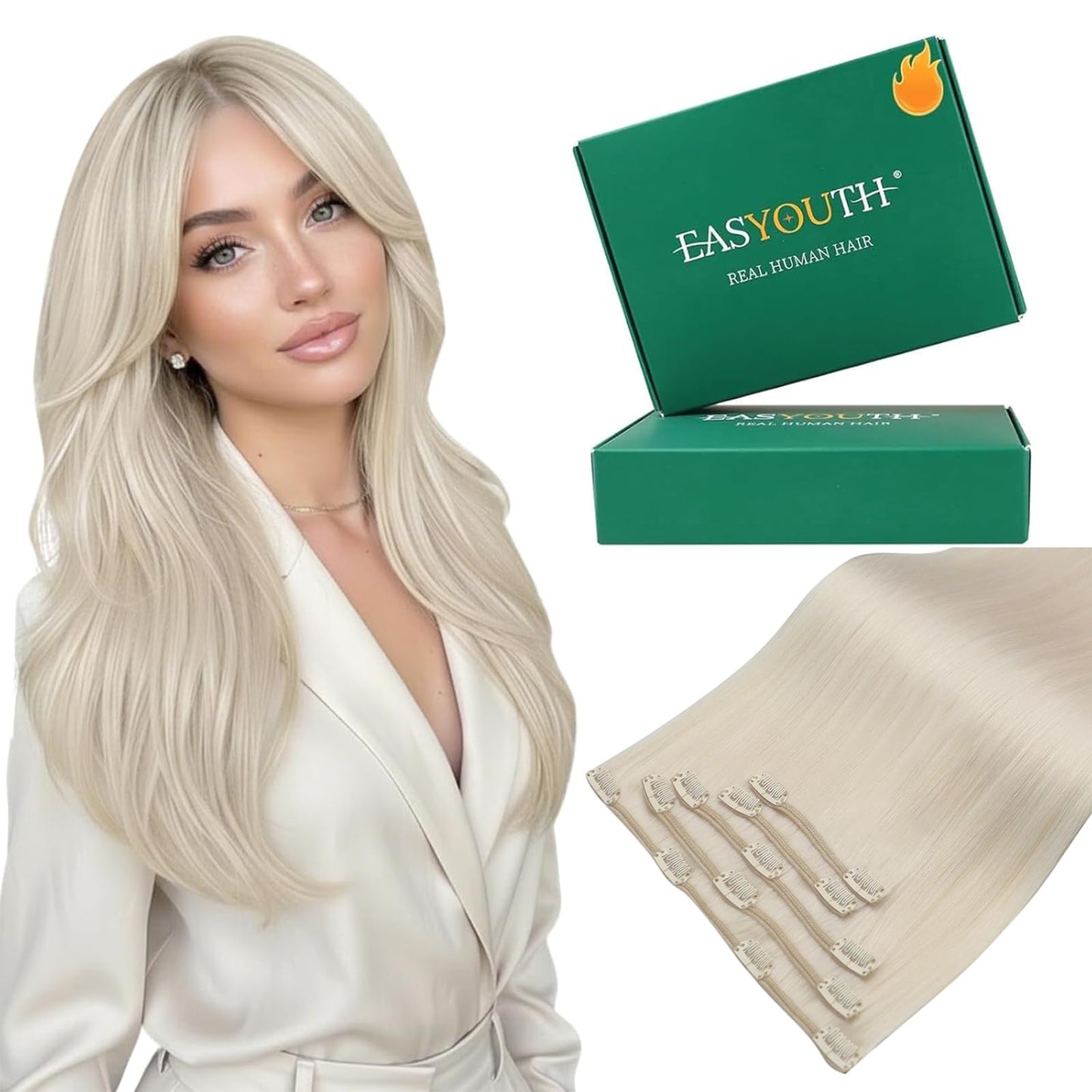 Easyouth Blonde Clip in Hair Extensions Real Human Hair Clip in Extensions White Blonde Soft and Smooth Clips in Extensions Remy Hair Ease of Use 14 Inch 85G 5Pcs