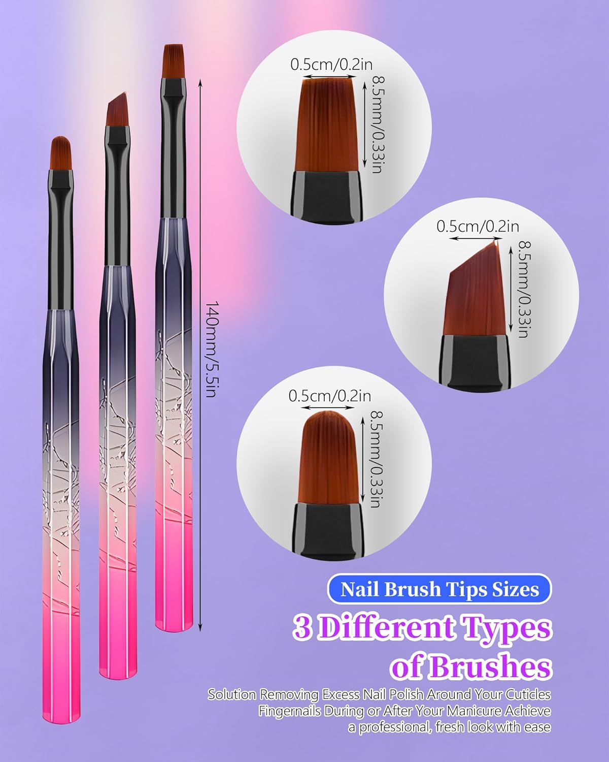 Nail Art Clean Up Brushes Set - 3PCS Acetone Resistant Round, Angled & Flat | Perfect for OPI Nail Polish Remover