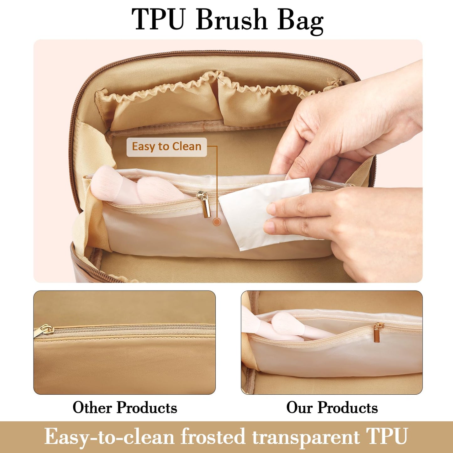 CLOUDWINGS Birthday Gifts for Women Teen Girl, Personalized Initial Makeup Organizer Bag Set, Open Flat Travel Cosmetic Bag With Clear Divider and Handle(Beige,M)